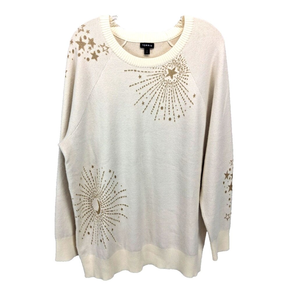 Torrid Women's Soft Cream & Gold Star Round Neckline Long Sleeve Knit Sweater 1